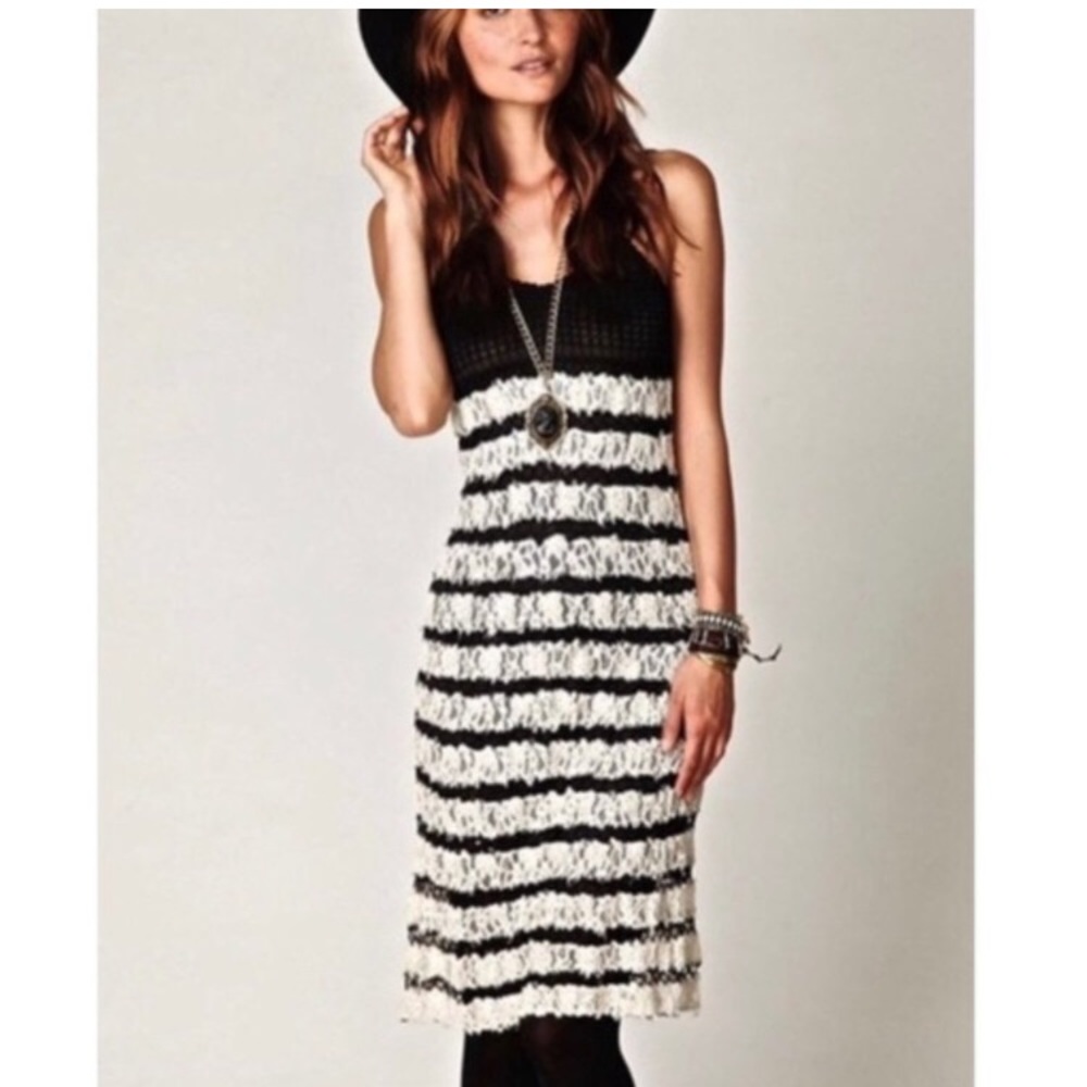 Free People | Ivory and Black Crochet and Lace V Neck Midi Dress